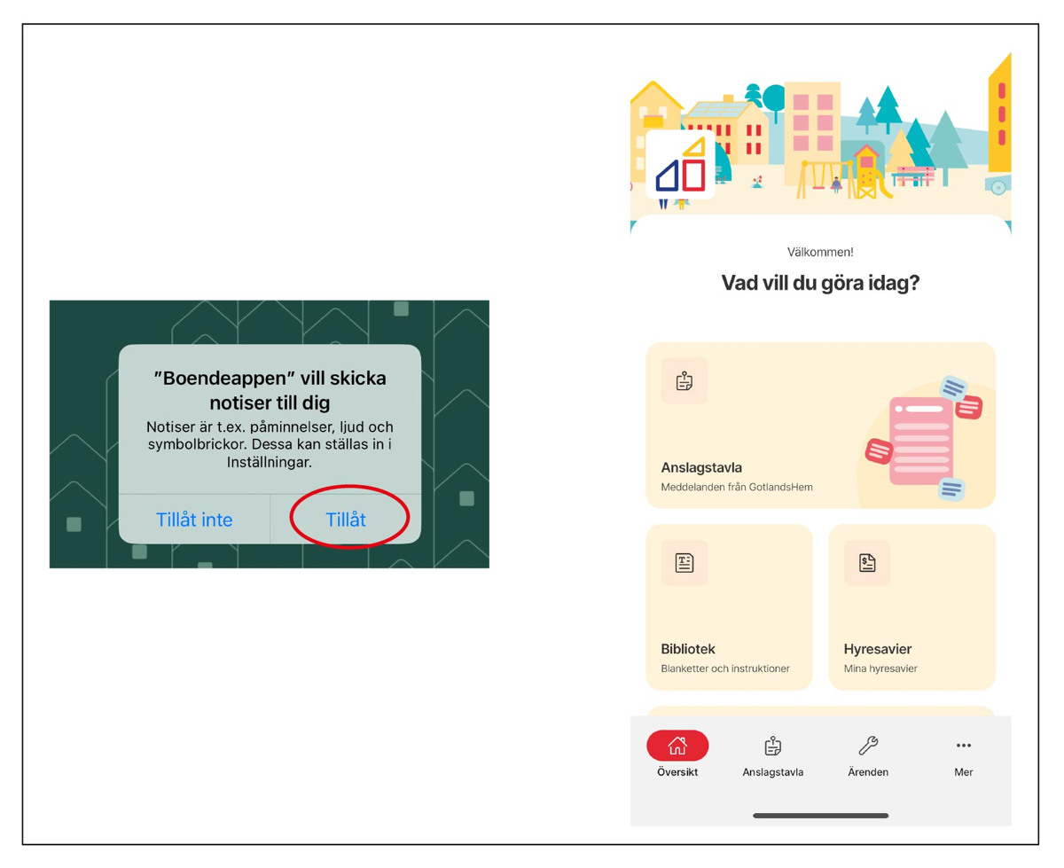 En uppsättning av tvåskärmar som visar olika steg i en guide för nedladdning av boendeapp.