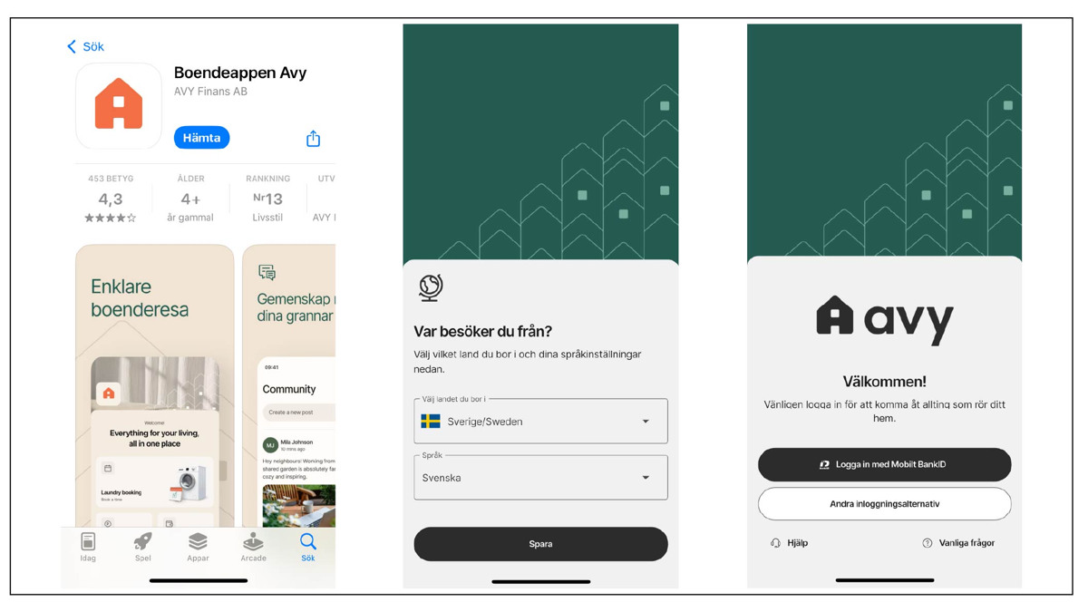 En uppsättning av tre skärmar som visar olika steg i en guide för nedladdning av boendeapp.